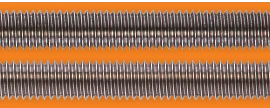 Two stacked metric lead screws with a sharp, triangular thread profile, featuring closely spaced, fine threads with a symmetrical angle. This design enhances load-bearing capacity and ensures smooth, precise motion, ideal for applications requiring high precision and reliability in tight spaces.