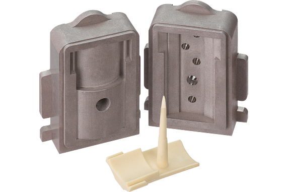 A 3D-printed injection mold along with the part it was used to create