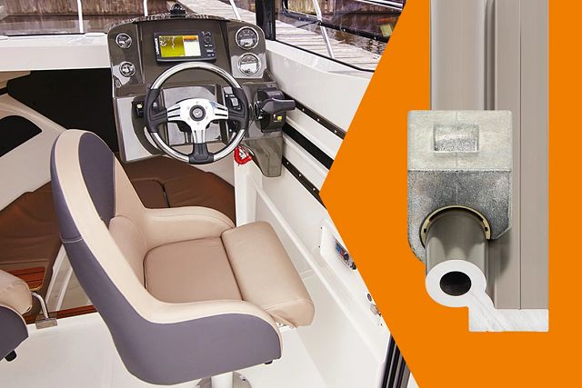 Pegazus Boats driver console sliding system pictured with drylin hybrid roller bearing